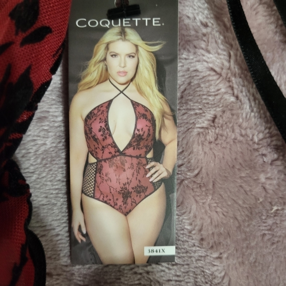 Coquette New FishNet Merlot And Black Romantic Teddy XL